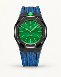 Grey blue textile-effect strap for AP x Swatch Royal Pop Green Eight, black case (crown at 12 o'clock)