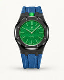 Grey blue textile-effect strap for AP x Swatch Royal Pop Green Eight, black case (crown at 12 o'clock)