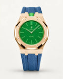 Grey blue textile-effect strap for AP x Swatch Royal Pop Green Eight, rose gold case (crown at 12 o'clock)