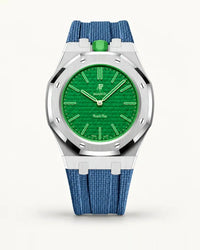 Grey blue textile-effect strap for AP x Swatch Royal Pop Green Eight, silver case (crown at 12 o'clock)