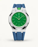 Grey blue textile-effect strap for AP x Swatch Royal Pop Green Eight, silver case (crown at 12 o'clock)