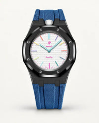 Cinturino effetto tessuto blu grigio per AP x Swatch Royal Pop Huit Blanc, cassa nera (corona a ore 12)