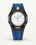Cinturino effetto tessuto blu grigio per AP x Swatch Royal Pop Huit Blanc, cassa nera (corona a ore 12)