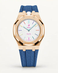 Cinturino effetto tessuto blu grigio per AP x Swatch Royal Pop Huit Blanc, cassa oro rosa (corona a ore 12)