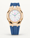 Cinturino effetto tessuto blu grigio per AP x Swatch Royal Pop Huit Blanc, cassa oro rosa (corona a ore 12)