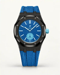 Grey blue textile-effect strap for AP x Swatch Royal Pop Làn Ba, black case (crown at 3 o'clock)