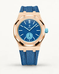 Grey blue textile-effect strap for AP x Swatch Royal Pop Làn Ba, rose gold case (crown at 3 o'clock)