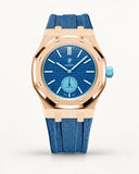 Grey blue textile-effect strap for AP x Swatch Royal Pop Làn Ba, rose gold case (crown at 3 o'clock)