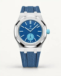 Grey blue textile-effect strap for AP x Swatch Royal Pop Làn Ba, silver case (crown at 3 o'clock)