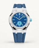 Grey blue textile-effect strap for AP x Swatch Royal Pop Làn Ba, silver case (crown at 3 o'clock)