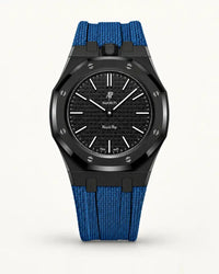 Grey blue textile-effect strap for AP x Swatch Royal Pop Ocho Negro, black case (crown at 12 o'clock)