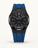 Grey blue textile-effect strap for AP x Swatch Royal Pop Ocho Negro, black case (crown at 12 o'clock)