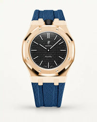 Grey blue textile-effect strap for AP x Swatch Royal Pop Ocho Negro, rose gold case (crown at 12 o'clock)