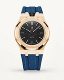 Grey blue textile-effect strap for AP x Swatch Royal Pop Ocho Negro, rose gold case (crown at 12 o'clock)