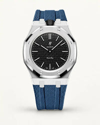 Grey blue textile-effect strap for AP x Swatch Royal Pop Ocho Negro, silver case (crown at 12 o'clock)