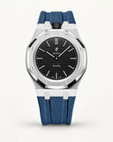 Grey blue textile-effect strap for AP x Swatch Royal Pop Ocho Negro, silver case (crown at 12 o'clock)