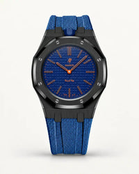 Cinturino effetto tessuto blu grigio per AP x Swatch Royal Pop Orenji Hachi, cassa nera (corona a ore 12)
