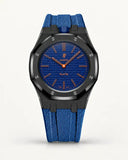 Cinturino effetto tessuto blu grigio per AP x Swatch Royal Pop Orenji Hachi, cassa nera (corona a ore 12)
