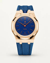 Cinturino effetto tessuto blu grigio per AP x Swatch Royal Pop Orenji Hachi, cassa oro rosa (corona a ore 12)