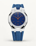 Cinturino effetto tessuto blu grigio per AP x Swatch Royal Pop Orenji Hachi, cassa argento (corona a ore 12)