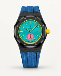 Grey blue textile-effect strap for AP x Swatch Royal Pop Otg Roz, black case (crown at 3 o'clock)