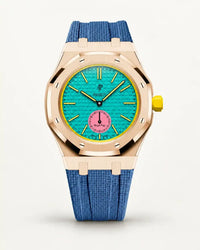 Grey blue textile-effect strap for AP x Swatch Royal Pop Otg Roz, rose gold case (crown at 3 o'clock)