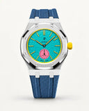Grey blue textile-effect strap for AP x Swatch Royal Pop Otg Roz, silver case (crown at 3 o'clock)