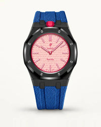 Grey blue textile-effect strap for AP x Swatch Royal Pop Otto Rosso, black case (crown at 12 o'clock)
