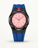 Grey blue textile-effect strap for AP x Swatch Royal Pop Otto Rosso, black case (crown at 12 o'clock)