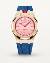 Grey blue textile-effect strap for AP x Swatch Royal Pop Otto Rosso, rose gold case (crown at 12 o'clock)