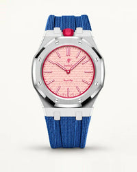Grey blue textile-effect strap for AP x Swatch Royal Pop Otto Rosso, silver case (crown at 12 o'clock)