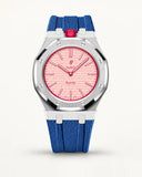 Grey blue textile-effect strap for AP x Swatch Royal Pop Otto Rosso, silver case (crown at 12 o'clock)