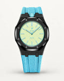 Light blue textile-effect strap for AP x Swatch Royal Pop Blaue Acht, black case (crown at 12 o'clock)