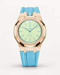 Light blue textile-effect strap for AP x Swatch Royal Pop Blaue Acht, rose gold case (crown at 12 o'clock)