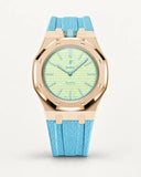 Light blue textile-effect strap for AP x Swatch Royal Pop Blaue Acht, rose gold case (crown at 12 o'clock)