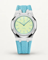 Light blue textile-effect strap for AP x Swatch Royal Pop Blaue Acht, silver case (crown at 12 o'clock)