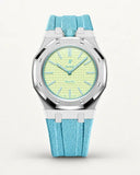 Light blue textile-effect strap for AP x Swatch Royal Pop Blaue Acht, silver case (crown at 12 o'clock)