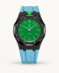 Light blue textile-effect strap for AP x Swatch Royal Pop Green Eight, black case (crown at 12 o'clock)