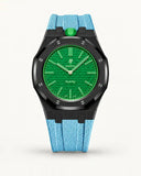 Light blue textile-effect strap for AP x Swatch Royal Pop Green Eight, black case (crown at 12 o'clock)