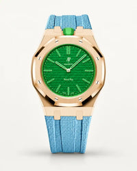 Light blue textile-effect strap for AP x Swatch Royal Pop Green Eight, rose gold case (crown at 12 o'clock)
