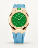 Light blue textile-effect strap for AP x Swatch Royal Pop Green Eight, rose gold case (crown at 12 o'clock)
