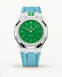 Light blue textile-effect strap for AP x Swatch Royal Pop Green Eight, silver case (crown at 12 o'clock)