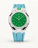 Light blue textile-effect strap for AP x Swatch Royal Pop Green Eight, silver case (crown at 12 o'clock)