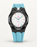 Cinturino effetto tessuto azzurro per AP x Swatch Royal Pop Huit Blanc, cassa nera (corona a ore 12)