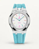 Cinturino effetto tessuto azzurro per AP x Swatch Royal Pop Huit Blanc, cassa argento (corona a ore 12)