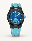 Light blue textile-effect strap for AP x Swatch Royal Pop Làn Ba, black case (crown at 3 o'clock)