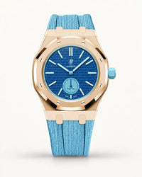 Light blue textile-effect strap for AP x Swatch Royal Pop Làn Ba, rose gold case (crown at 3 o'clock)