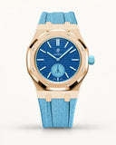 Light blue textile-effect strap for AP x Swatch Royal Pop Làn Ba, rose gold case (crown at 3 o'clock)