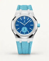 Light blue textile-effect strap for AP x Swatch Royal Pop Làn Ba, silver case (crown at 3 o'clock)