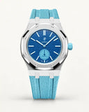Light blue textile-effect strap for AP x Swatch Royal Pop Làn Ba, silver case (crown at 3 o'clock)